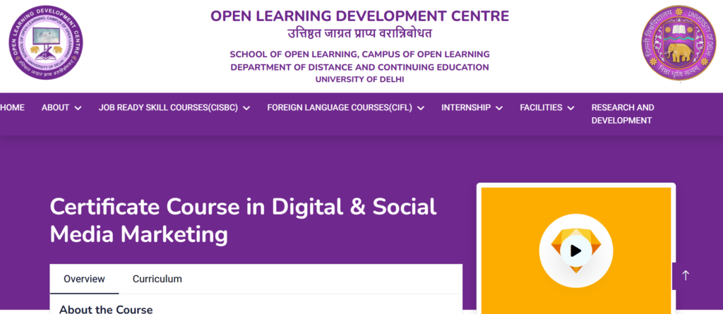 Delhi University / DU via Campus of Open Learning – Digital Marketing Certificate