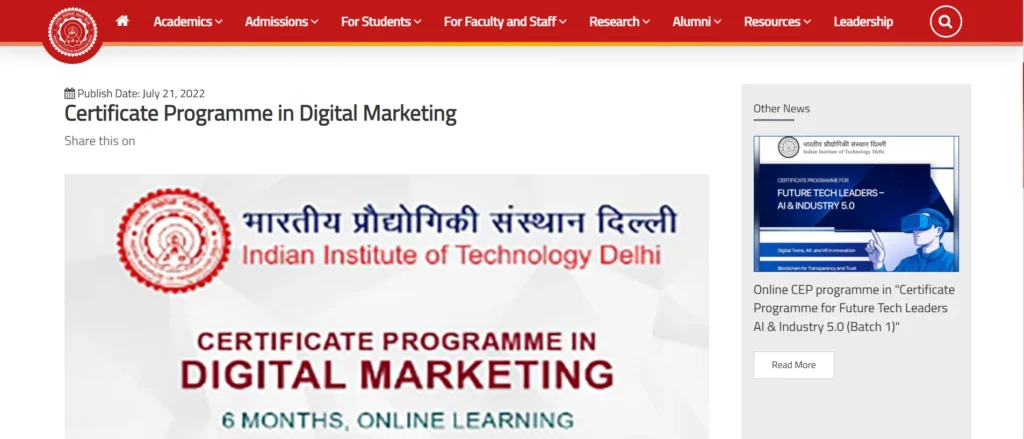 IIT Delhi – Certificate Programme in Digital Marketing