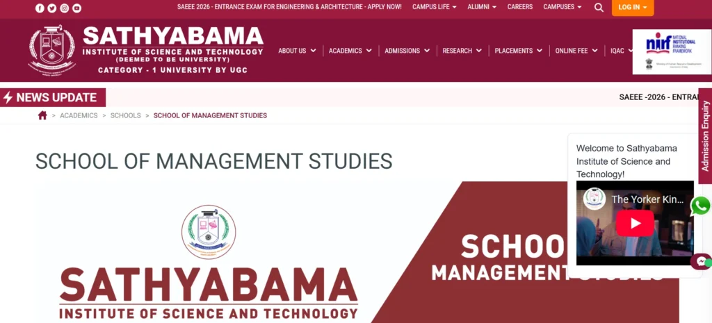 Sathyabama Institute of Science and Technology – School of Management Studies - MBA College in Chennai